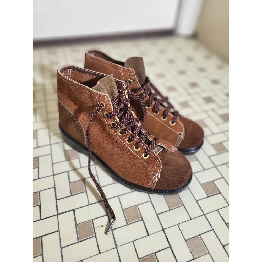BB Walker Suede Monkey Boots Kids 2.5 Brown Excellent Vintage Lace Up Workwear